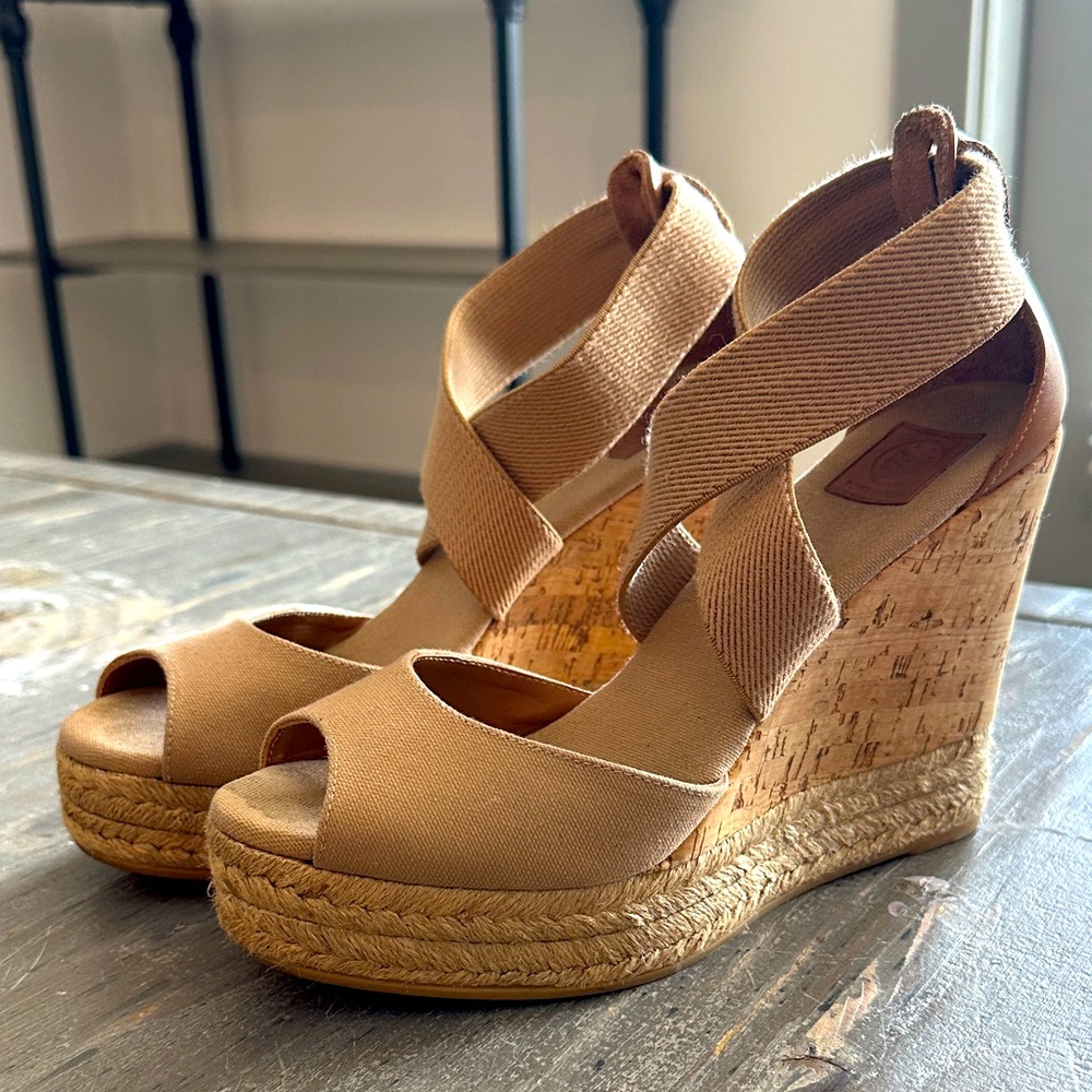 Tory Burch Tan Espadrille Wedge Sandals